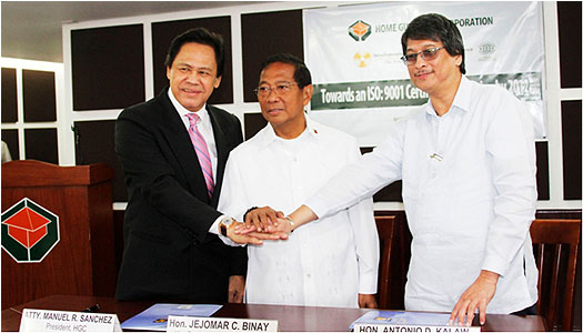 All set. HUDDC Chairman VP Binay, HGC President Atty. Manuel R. Sanchez and Development Academy of the Philippines President and CEO Antonio D. Kalaw kick-starting the road towards ISO certification for HGC.